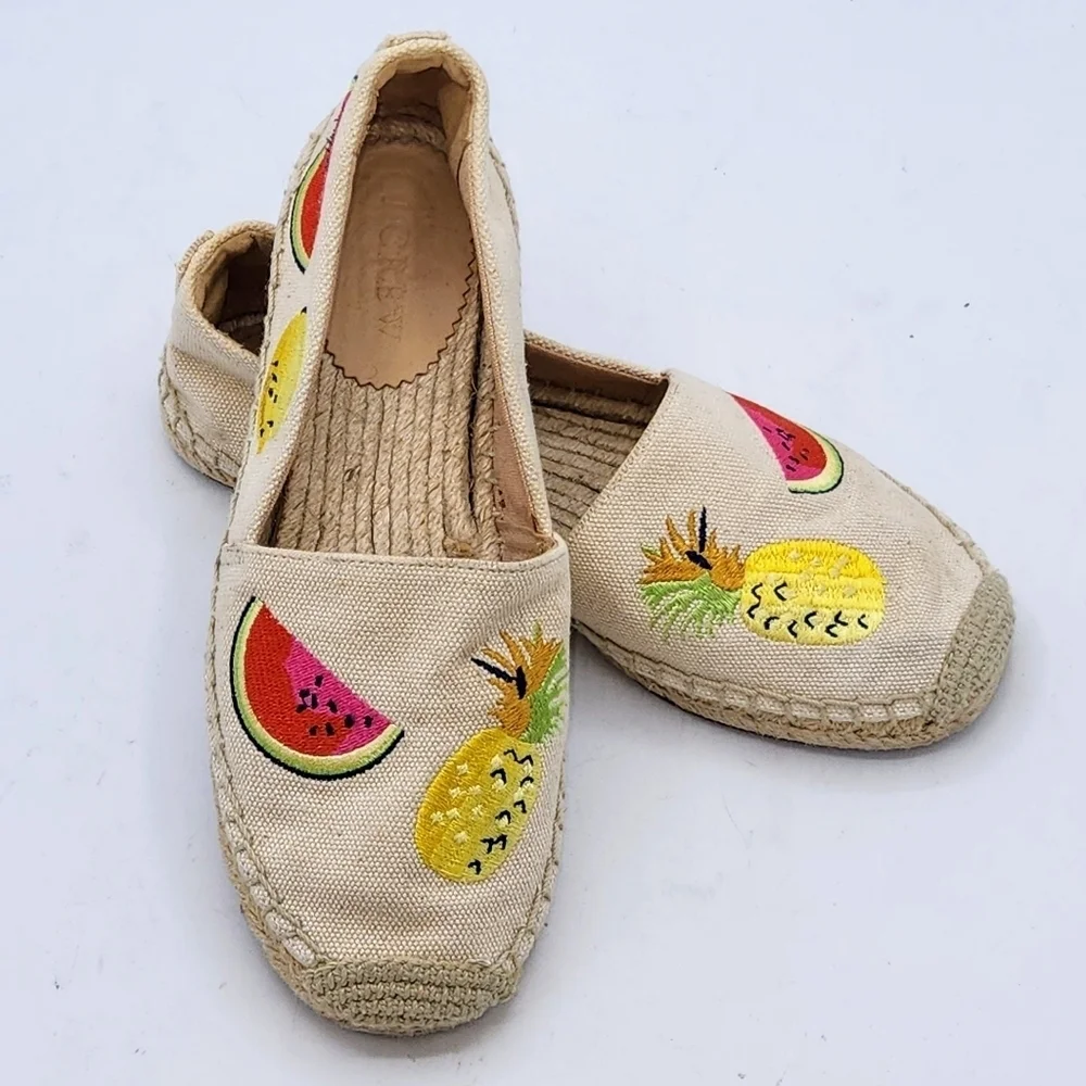 J. Crew Embroidered Fruit Salad Espadrilles In Sundried Linen Size 6